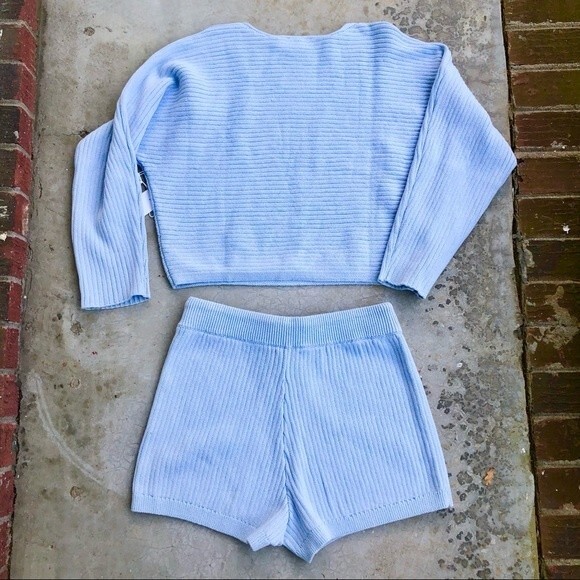 NWT Reformation Cort Short Sweater Set Ribbed Knit sky blue Cotton XL - Picture 5 of 7